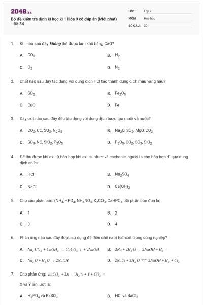 Bộ đề kiểm tra định kì học kì 1 Hóa 9 có đáp án (Mới nhất) - Đề 34
