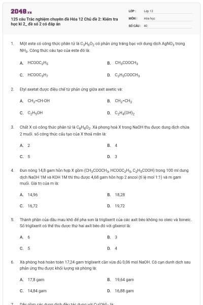 125 câu Trắc nghiệm chuyên đề Hóa 12 Chủ đề 2: Kiểm tra học kì 2_ đề số 2 có đáp án
