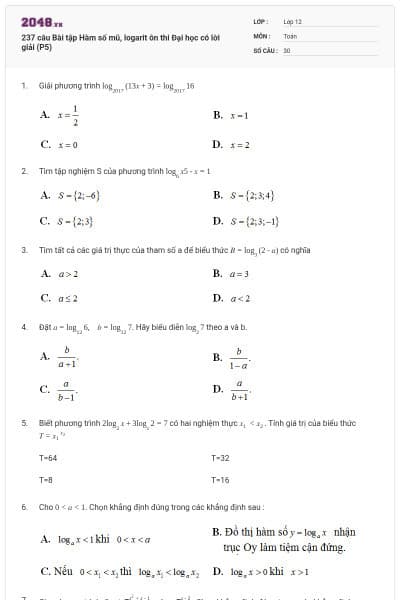 237 câu Bài tập Hàm số mũ, logarit ôn thi Đại học có lời giải (P5)