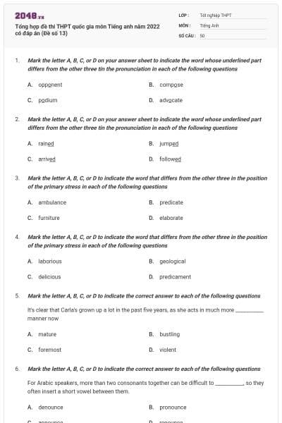 Tổng hợp đề thi THPT quốc gia môn Tiếng anh năm 2022 có đáp án (Đề số 13)