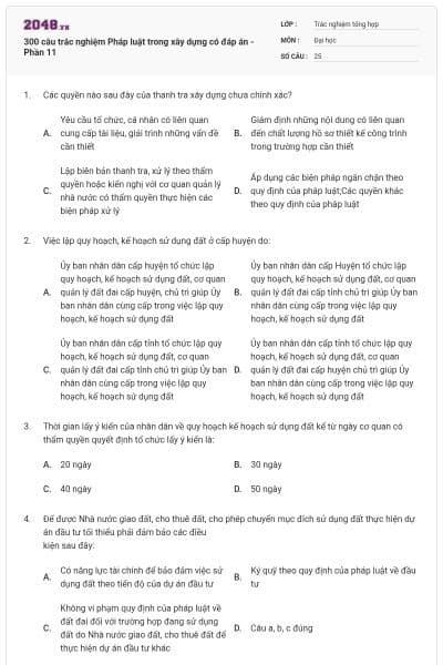 300 câu trắc nghiệm Pháp luật trong xây dựng có đáp án - Phần 11