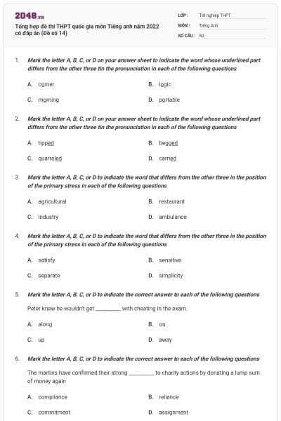Tổng hợp đề thi THPT quốc gia môn Tiếng anh năm 2022 có đáp án (Đề số 14)