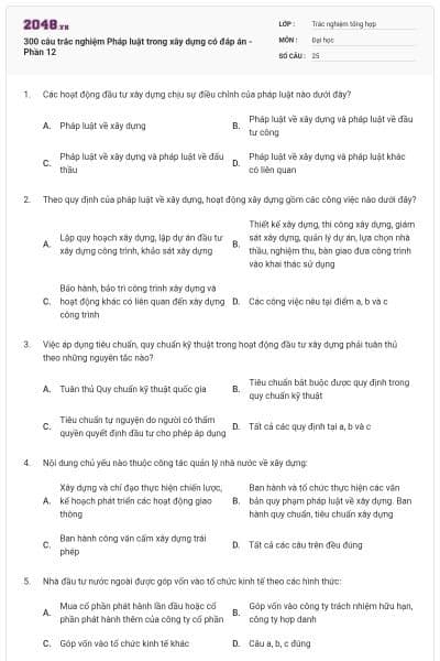 300 câu trắc nghiệm Pháp luật trong xây dựng có đáp án - Phần 12