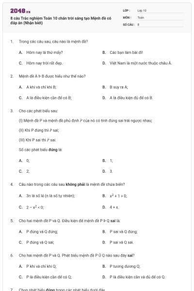 8 câu Trắc nghiệm Toán 10 chân trời sáng tạo Mệnh đề có đáp án (Nhận biết)