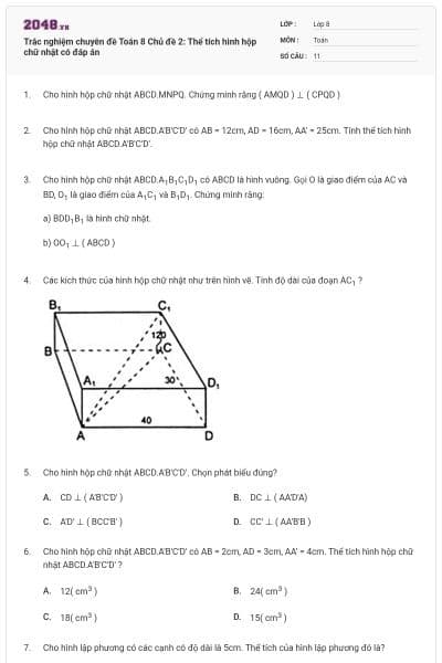 Trắc nghiệm chuyên đề Toán 8 Chủ đề 2: Thể tích hình hộp chữ nhật có đáp án