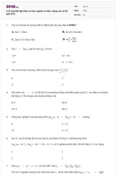 215 câu Bài tập Hàm số mũ, logarit cơ bản, nâng cao có lời giải (P3)