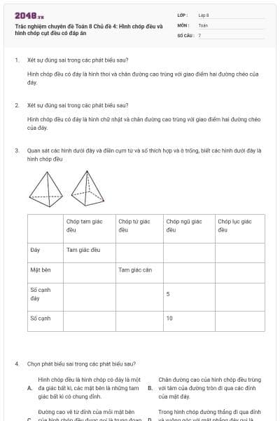 Trắc nghiệm chuyên đề Toán 8 Chủ đề 4: Hình chóp đều và hình chóp cụt đều có đáp án