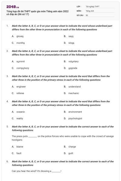 Tổng hợp đề thi THPT quốc gia môn Tiếng anh năm 2022 có đáp án (Đề số 17)