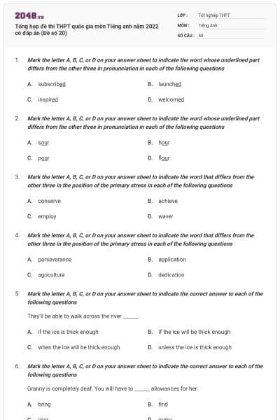 Tổng hợp đề thi THPT quốc gia môn Tiếng anh năm 2022 có đáp án (Đề số 20)