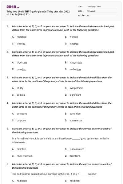Tổng hợp đề thi THPT quốc gia môn Tiếng anh năm 2022 có đáp án (Đề số 21)