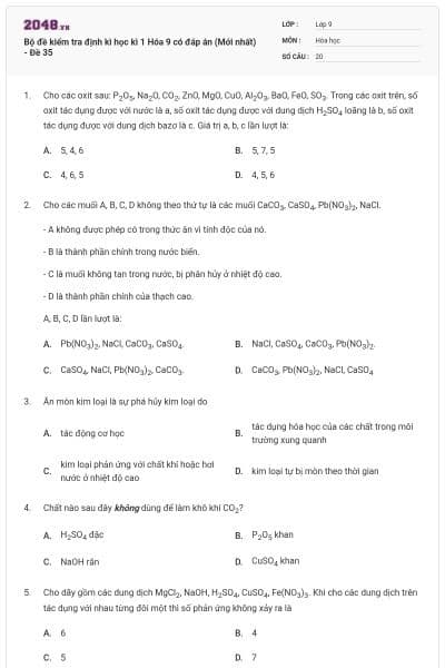 Bộ đề kiểm tra định kì học kì 1 Hóa 9 có đáp án (Mới nhất) - Đề 35