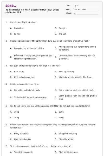 Bộ 4 đề thi giữa kì 1 KHTN 6 Kết nối tri thức (2021-2022) có đáp án - Đề 4