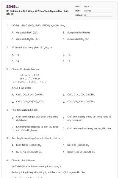 Bộ đề kiểm tra định kì học kì 2 Hóa 9 có đáp án (Mới nhất) (Đề 28)