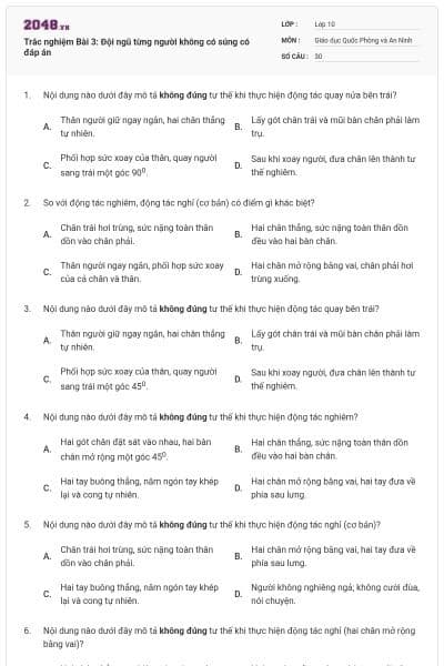 Trắc nghiệm Bài 3: Đội ngũ từng người không có súng có đáp án