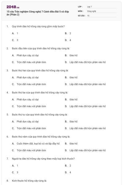 15 câu Trắc nghiệm Công nghệ 7 Cánh diều Bài 5 có đáp án (Phần 2)