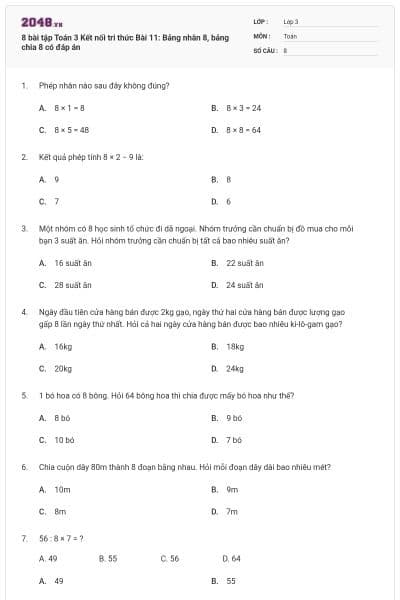 8 bài tập Toán 3 Kết nối tri thức Bài 11: Bảng nhân 8, bảng chia 8 có đáp án