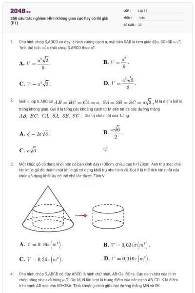 250 câu trắc nghiệm Hình không gian cực hay có lời giải (P1)