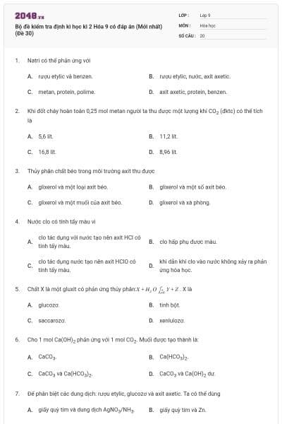 Bộ đề kiểm tra định kì học kì 2 Hóa 9 có đáp án (Mới nhất) (Đề 30)