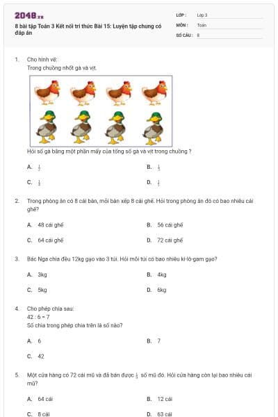 8 bài tập Toán 3 Kết nối tri thức Bài 15: Luyện tập chung có đáp án