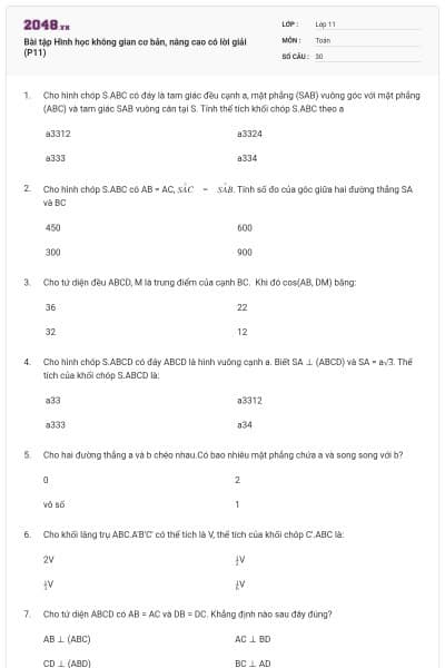 Bài tập Hình học không gian cơ bản, nâng cao có lời giải (P11)