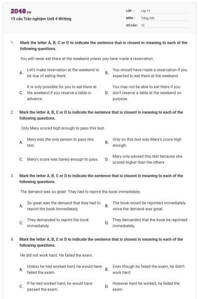 15 câu Trắc nghiệm Unit 4 Writing