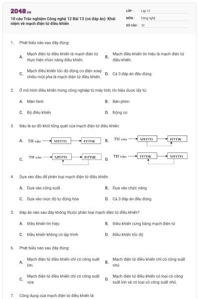 10 câu Trắc nghiệm Công nghệ 12 Bài 13 (có đáp án): Khái niệm về mạch điện tử điều khiển