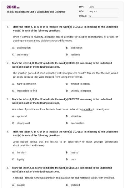 15 câu Trắc nghiệm Unit 5 Vocabulary and Grammar
