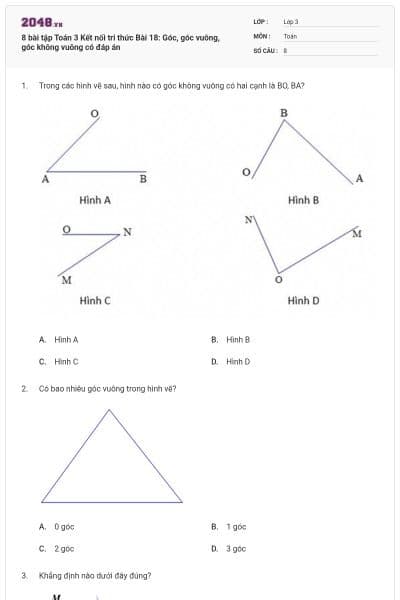 8 bài tập Toán 3 Kết nối tri thức Bài 18: Góc, góc vuông, góc không vuông có đáp án