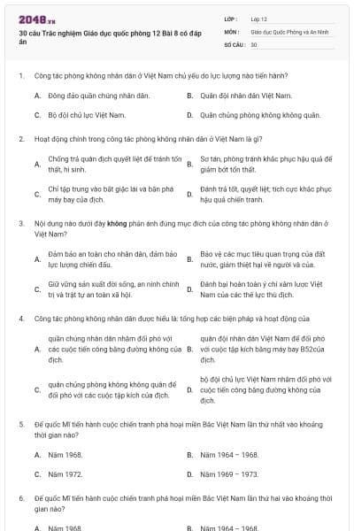 30 câu Trắc nghiệm Giáo dục quốc phòng 12 Bài 8 có đáp án