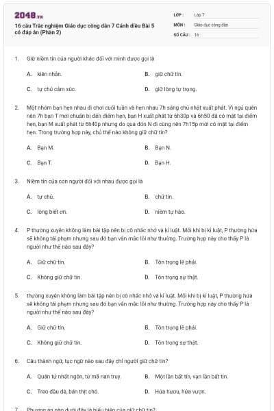 16 câu Trắc nghiệm Giáo dục công dân 7 Cánh diều Bài 5 có đáp án (Phần 2)