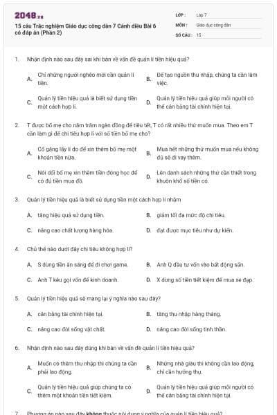 15 câu Trắc nghiệm Giáo dục công dân 7 Cánh diều Bài 6 có đáp án (Phần 2)