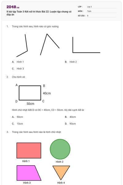 8 bài tập Toán 3 Kết nối tri thức Bài 22: Luyện tập chung có đáp án