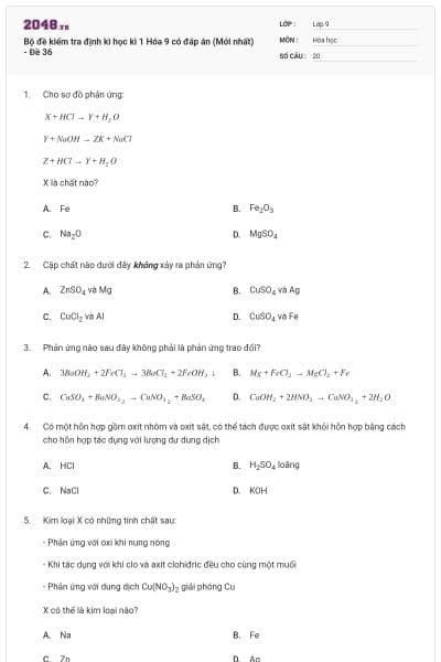 Bộ đề kiểm tra định kì học kì 1 Hóa 9 có đáp án (Mới nhất) - Đề 36
