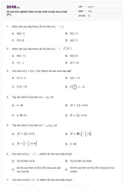 50 câu trắc nghiệm Hàm số bậc nhất và bậc hai cơ bản (P1)