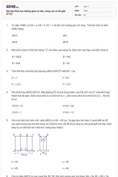 Bài tập Hình học không gian cơ bản, nâng cao có lời giải (P12)