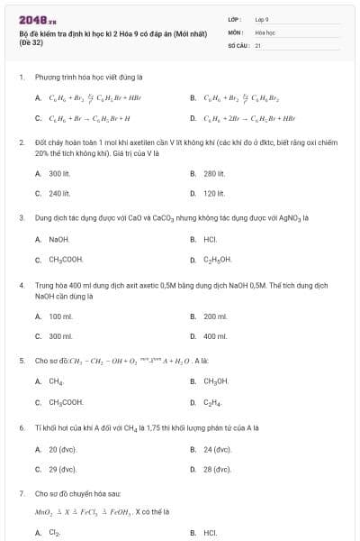 Bộ đề kiểm tra định kì học kì 2 Hóa 9 có đáp án (Mới nhất) (Đề 32)