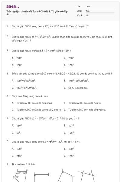Trắc nghiệm chuyên đề Toán 8 Chủ đề 1: Tứ giác có đáp án