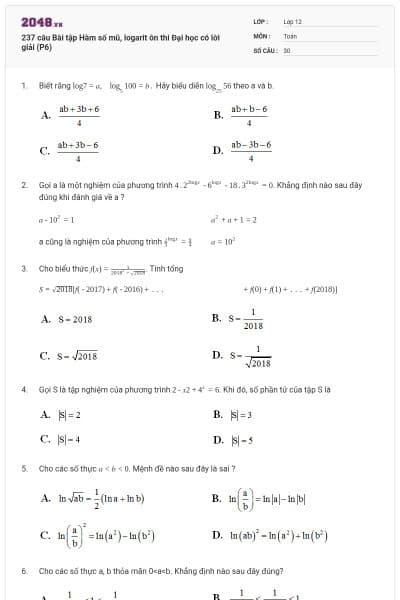 237 câu Bài tập Hàm số mũ, logarit ôn thi Đại học có lời giải (P6)