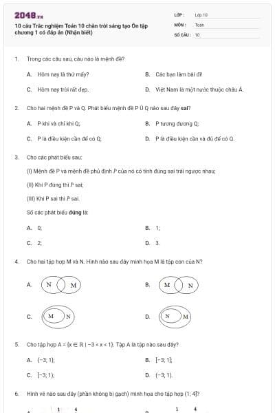 10 câu Trắc nghiệm Toán 10 chân trời sáng tạo Ôn tập chương 1 có đáp án (Nhận biết)