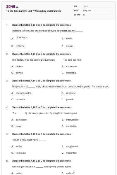 15 câu Trắc nghiệm Unit 7 Vocabulary and Grammar