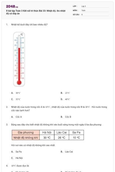 8 bài tập Toán 3 Kết nối tri thức Bài 33: Nhiệt độ. Đo nhiệt độ có đáp án