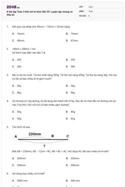 8 bài tập Toán 3 Kết nối tri thức Bài 35: Luyện tập chung có đáp án