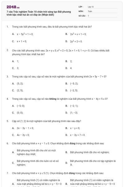 7 câu Trắc nghiệm Toán 10 chân trời sáng tạo Bất phương trình bậc nhất hai ẩn có đáp án (Nhận biết)