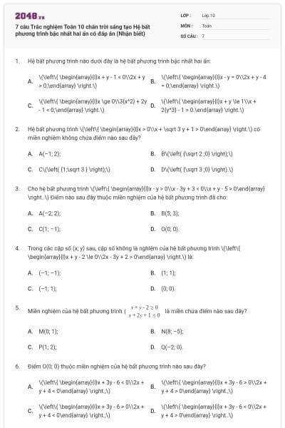 7 câu Trắc nghiệm Toán 10 chân trời sáng tạo Hệ bất phương trình bậc nhất hai ẩn có đáp án (Nhận biết)