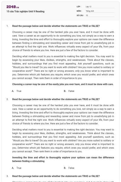 15 câu Trắc nghiệm Unit 9 Reading