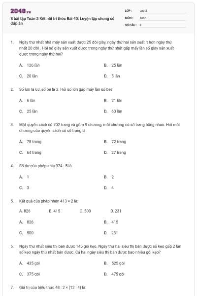 8 bài tập Toán 3 Kết nối tri thức Bài 40: Luyện tập chung có đáp án