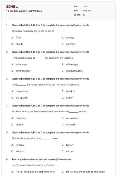 15 câu Trắc nghiệm Unit 9 Writing