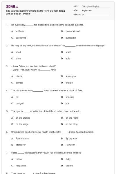 500 Câu trắc nghiệm từ vựng ôn thi THPT QG môn Tiếng Anh có đáp án - Phần 5