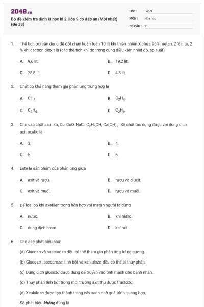 Bộ đề kiểm tra định kì học kì 2 Hóa 9 có đáp án (Mới nhất) (Đề 33)