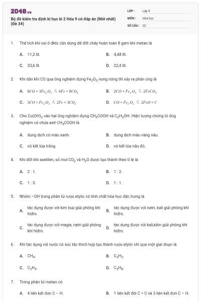Bộ đề kiểm tra định kì học kì 2 Hóa 9 có đáp án (Mới nhất) (Đề 34)